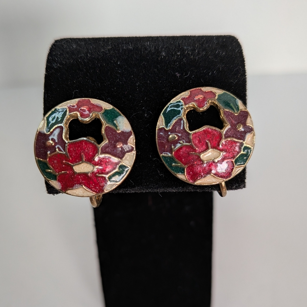 Poinsettia Cloisonne Clip-Ons Enamel Earrings